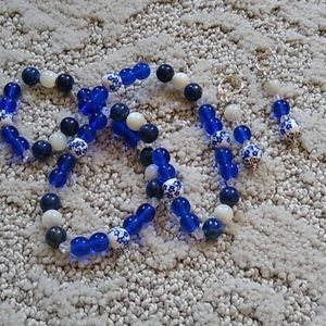 Handmade Gemstone Necklace Set Blue White Flowers